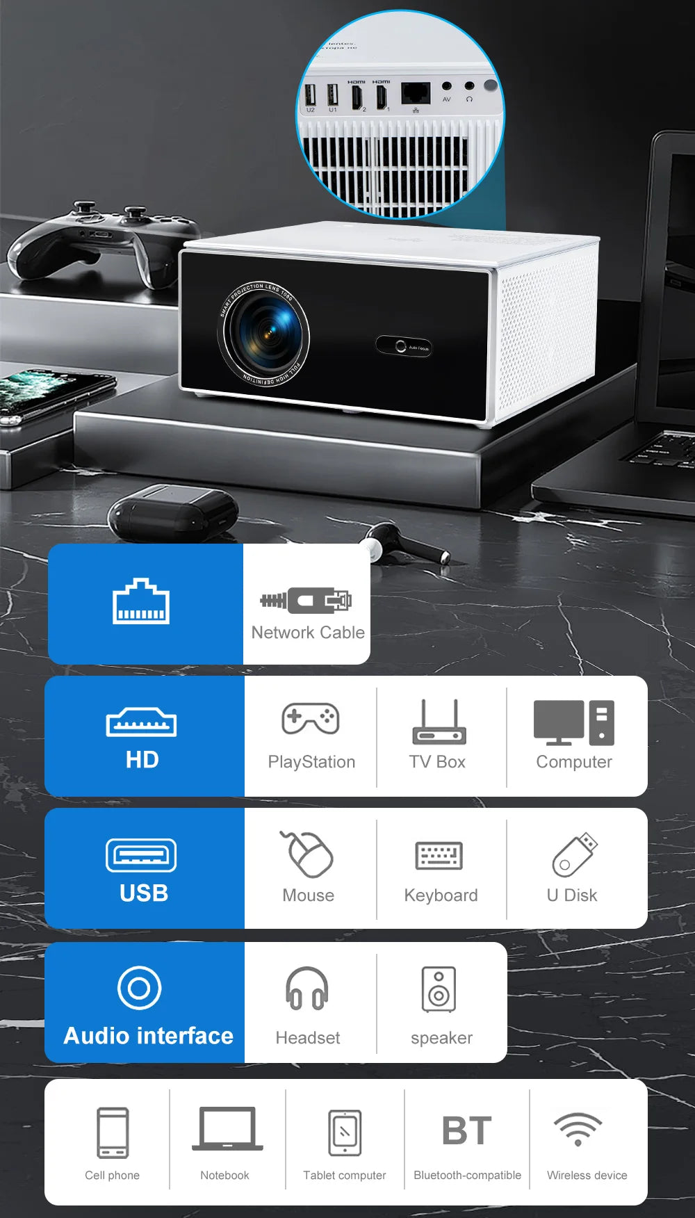 TDA7 2K/4K Projector, Android 13, WiFi 6, 2GB/32GB, Home Theater