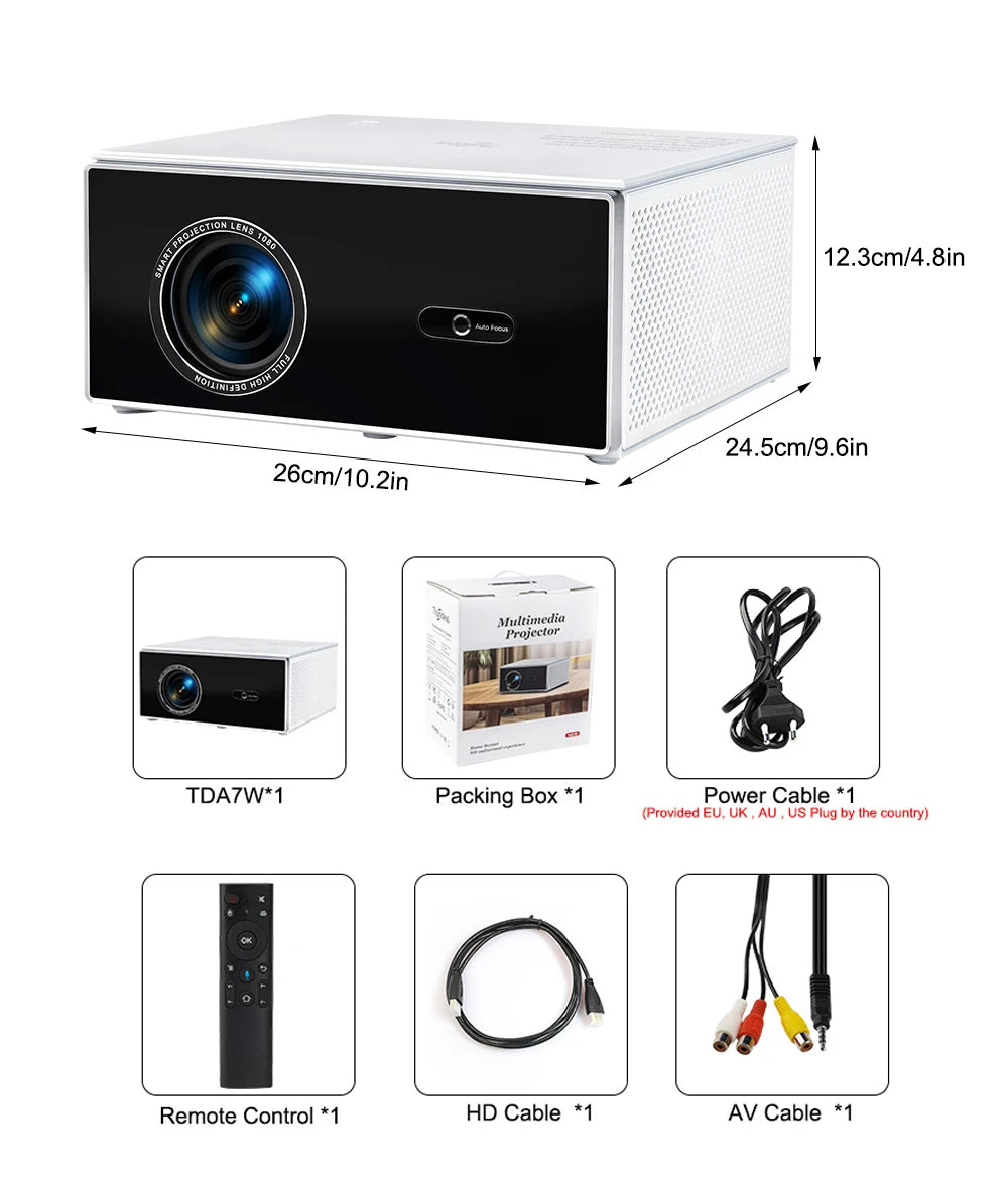 TDA7 2K/4K Projector, Android 13, WiFi 6, 2GB/32GB, Home Theater